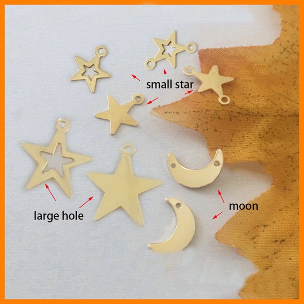 14K Gold Filled Moon Star Charm, Gold Filled Moon Star Charms w/ Double Loops For Jewelry Making Supplies, Gold Connector Link Charm