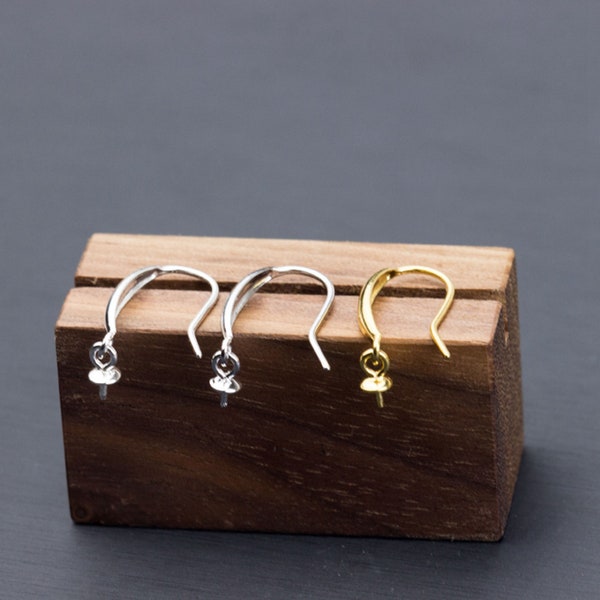 Sterling Silver Earring Hooks w/ Cup and Peg for Half Drilled Pearl Bead, Silver Earring Hooks, Ear Wire Hooks, Earwire Earring Component