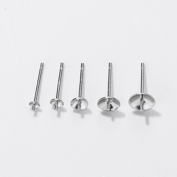 Poteaux de boucle d’oreille de goujon de 20pairs avec la cheville de tasse pour les perles perlées de moitié, 925 poteau de fil d’oreille de goujon argenté, bijoux faisant 2.5mm 3mm 4mm 5mm 6mm