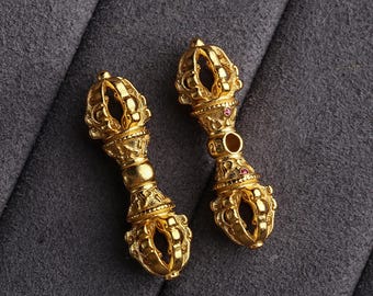 Gold Plated Sterling Silver Double Vajra Dorje Bead, Tibetan Buddhist Charm