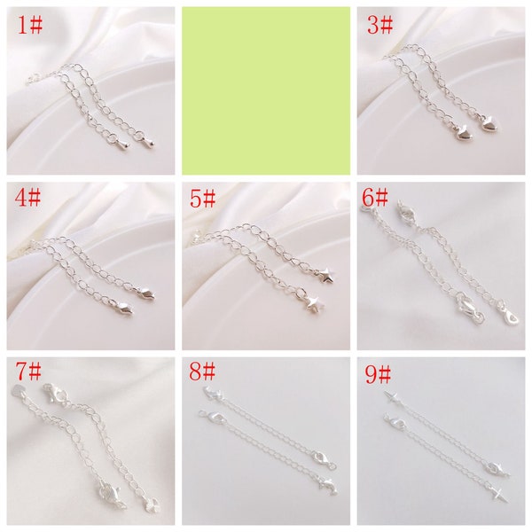 10pcs Silver Plated Heart Extension Chains, Silver Tone Chain Extenders, Necklace Drop Extender Chains, Heart Star Flower Chain 65mm