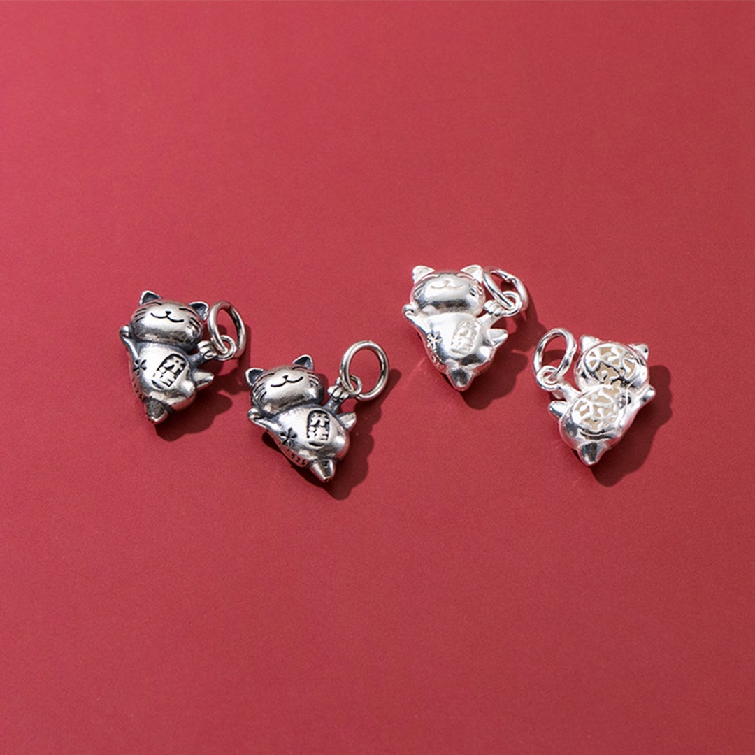 Sterling Silver Lucky Cat Charm Pendant, Fortune Cat Bracelet, Talisman Necklace, Wealthy