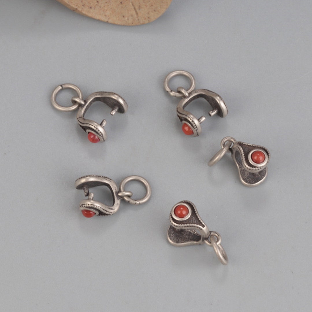 Sterling Silver Pinch Bails, Silver Pinch Bail W/ Red Agate Inlaid