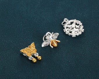 S925 Sterling Silver Bee Charm, Gold Plated Butterfly, Floral Wreath