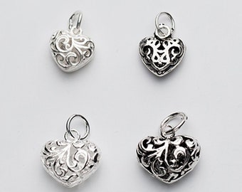 Sterling Silver Heart Charms, 925 Silver Flower Heart Charms, Heart Floral Charm, Hollow Flower Pendant For Jewelry Making supplies