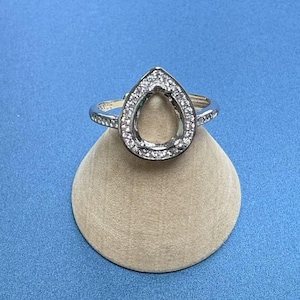 Sterling Silver Teardrop Ring Setting, Water Drop Ring Head, 925 Silver Ring Prong, Halo Ring, Dainty Ring, Art Deco Bezel Ring Band 7x9mm