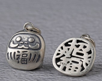 Sterling Silver Daruma Charm Pendant, Good Luck Bracelet, Fortune Necklace, Meditation Earring, Small Charm, Blessing Jewelry,Buddhist Charm