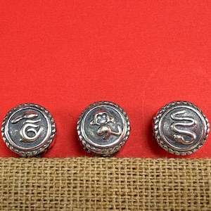 Sterling 2 sided 10mm Thai silver Twelve Zodiac beads, Rat, ox, tiger, rabbit, dragon, snake, horse, sheep, monkey, rooster, dog, pig