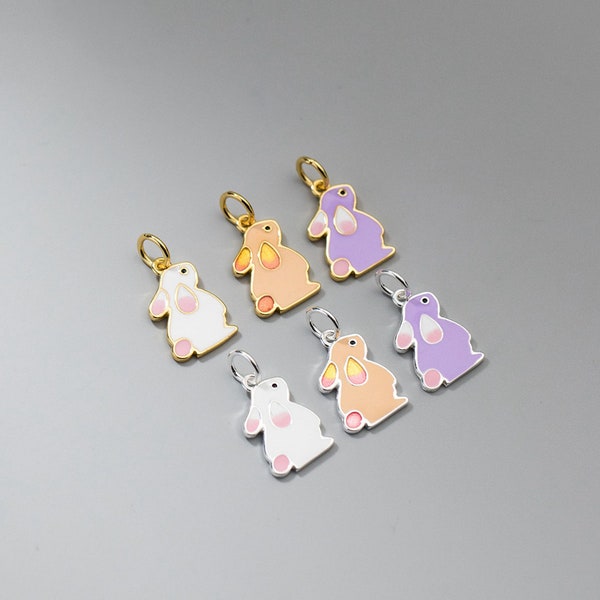 Sterling Silver Enamel Rabbit Charm Pendant, Bunny Bracelet, Hare Necklace, Pet Earring, Small Charm, Animals Jewelry, Easter Rabbit Charm