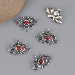 Charme de fleur de lotus en argent sterling avec Agate rouge CZ, charmes de fleur de lotus en argent s925 pour la méditation de yoga, fournitures de fabrication de bijoux