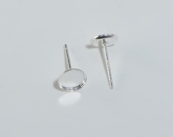 Sterling Silver Earring Posts with Bezel Cup, 925 Silver Blank Stud Earrings, Flat Round Bezel Cabochon Settings for DIY Jewelry Making