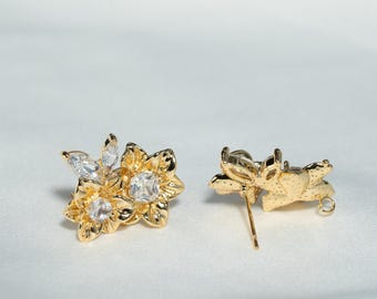 14K Gold Plated Floral Stud Earrings, Blossom Earring Posts