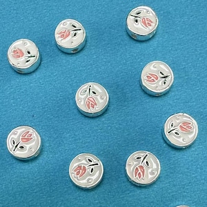 Sterling Silver Enamel Tulip Beads, Flower Bead, Botanical Bead, Garden Bead, Bracelet Spacer, Nature Bead, Bloom Bead, Flat Round Bead