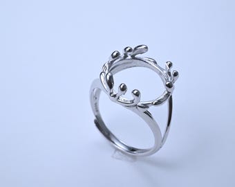 Sterling Silver Leaf Ring Setting, Pave Bezel (15x15mm)