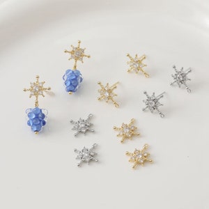 14K Gold Plated CZ Snowflake Earring Posts, Gold Tone Winter Ear Wire, Post Earrings, Ear Stud, Earring Component, Christmas Snowflake Charm