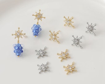 14K Gold Plated CZ Snowflake Earring Posts, Gold Tone Winter Ear Wire, Post Earrings, Ear Stud, Earring Component, Christmas Snowflake Charm