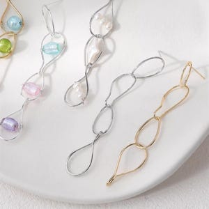 14K Gold Plated Oval Chain Earring ,Silver Tone Long Chain Link Ear Stud , Asymmetric Hollow Earring Setting, Minimalist DIY Earring Finding