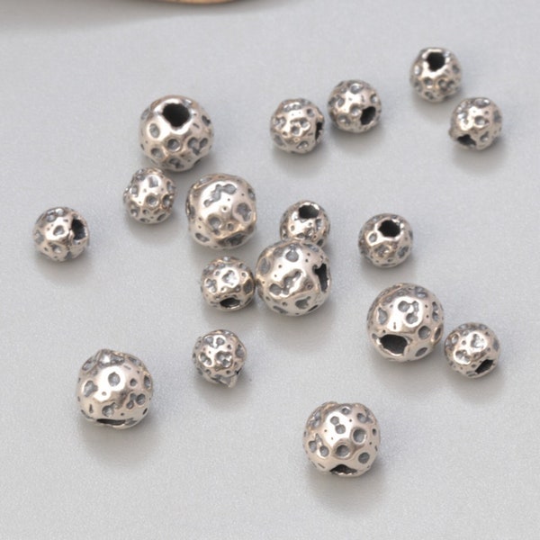 Sterling Silver Rock Beads, Concave Bead, Gemstone Bead, Mineral Bead, Rough Rock Bead, Bracelet Spacer, Volcanic Rock Bead, Round Ball Bead