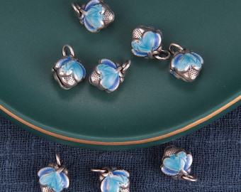 Sterling Silver Cloisonne Enamel Flower Bell Charm, Jewelry Making