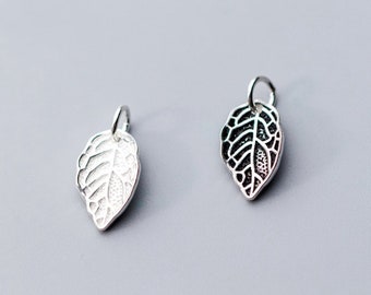 Sterling Silver Leaf Charm Pendant, Botanical Jewelry (15.5x9.5mm)