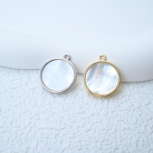14K Gold Plated White Shell Round Charm, Mother of Pearl Coin Charm, Geometric Wedding Dangle Charm, Disc Charm for Earring Necklace