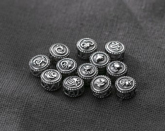 Sterling 2 sided 10mm Thai silver Twelve Zodiac beads, Rat, ox, tiger, rabbit, dragon, snake, horse, sheep, monkey, rooster, dog, pig