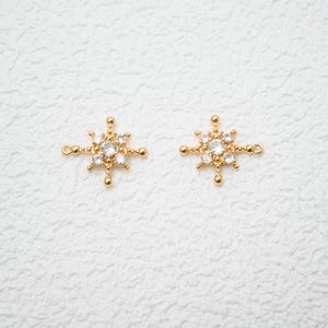 14K Gold Plated CZ Snowflake Earring Posts, Winter Charm