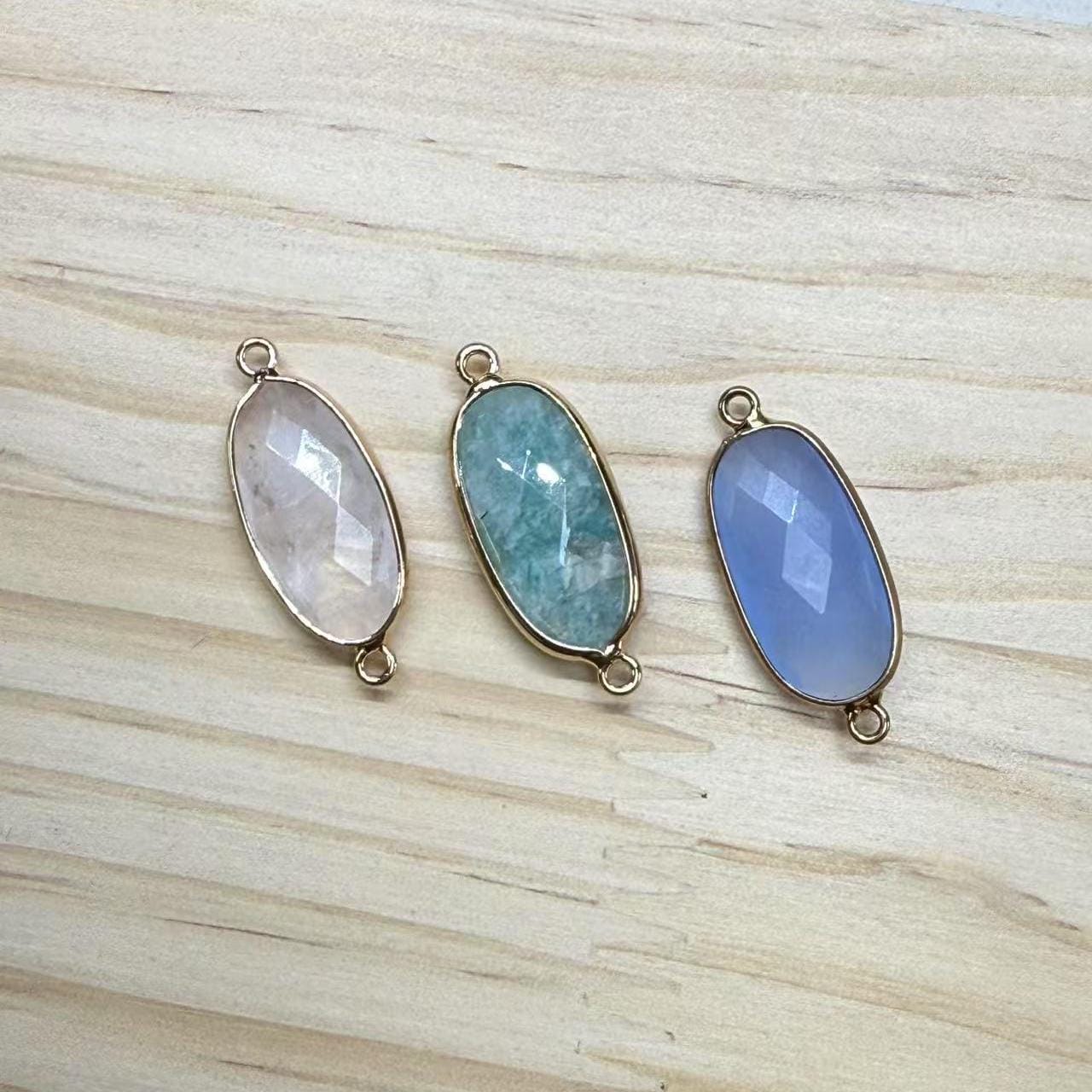 Natural Gemstone Oval Connector Charm, Amethyst Quartz Crystal Dalmatian Jasper Lapis Lazuli Oval Connector for Jewelry Making Supplies