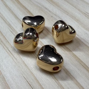 Coeur d&#39;amour plaqué or avec trou traversant, perles d&#39;espacement unies en acier inoxydable, perle à trou horizontal, perles de collier 10 x 8,8 mm