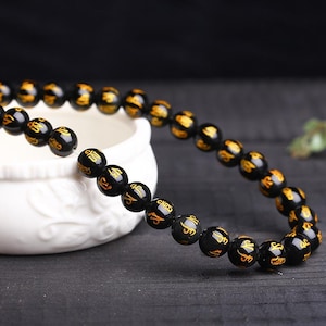 Natural Gold Words Carved Om mani padme hum Black obsidian beads 8mm 10mm 12mm 14mm Quality OM Beads  beading supplies