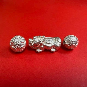 Sterling Silver Pixiu Bead, Fine Silver Pi Xiu Bead 24mm, Good luck Fortune Bead, Pixiu Coin Bead 11mm, Bracelet Bead, Necklace Bead