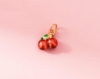 Vergoldete Sterling Silber Kirsche Charm, rote Emaille Frucht Anhänger