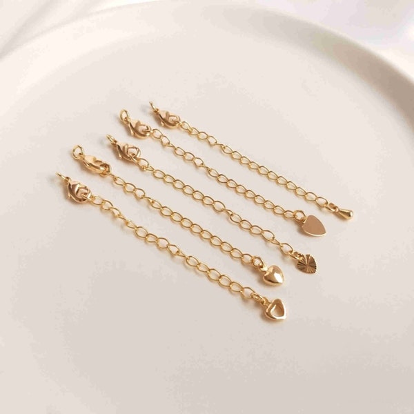 10pcs 14K Gold Plated Brass Love Heart Extension Chains, Gold Tone Lobster Clasps with Extender Chains,65cm Extension Chains w/ Lobster Claw