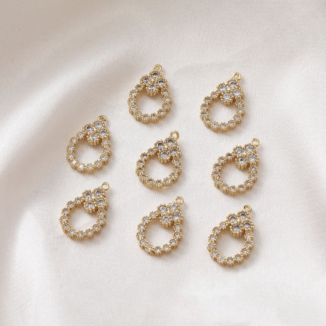 14K Gold Plated CZ Oval Clover Charm, Gold Tone Hollow Water Drop Charm