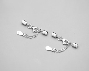 Sterling Silver Leather Cord End Cap Connectors with Extender, 925 Silver Cord End Caps with Lobster Clasp for Necklace, inner 3mm