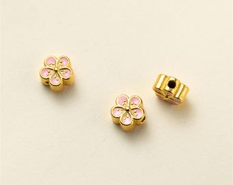 Gold Plated Sterling Silver Enamel Peach Blossom Bead