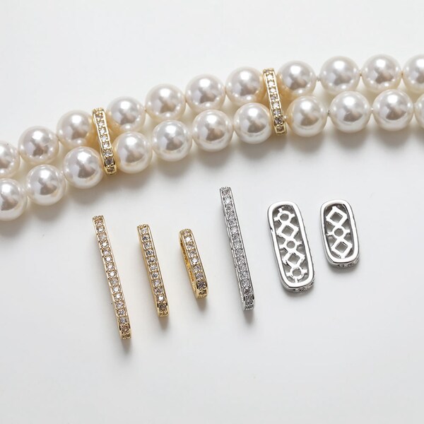 Perle rectangulaire 2 trous plaquée or 14 carats, barre CZ dorée, espaceur de perle pour barre coulissante, perle coulissante, connecteur de barre, fournitures pour perles de bracelet