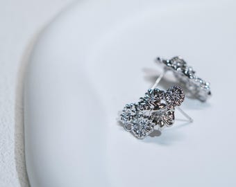 14K Gold Plated Flower Stud Earrings with Loop, Dainty Blossom Earrings