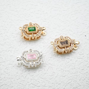 14K Gold Plated CZ Box Clasp, Rectangular Decorative Clasp with Loop, Chain Clasp for Two Strand Necklaces or Bracelets 13*19mm