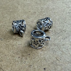 Sterling Silver Flower Tube Beads w/ Bail, 925 Silver Flower Smart Beads, Large Hole Tube Stopper Beads, Bail Bead Charm, Necklace Beads