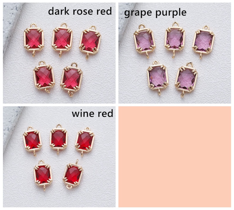 May include: Three sets of gold-toned metal charms with square-shaped red, purple, and wine-coloured glass stones. The charms have a loop at the top for attaching to jewellery or other crafts.