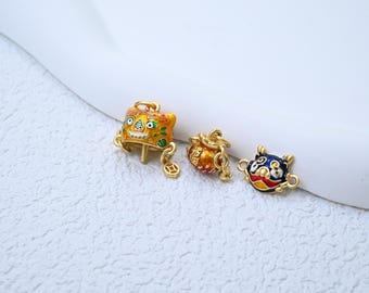 Gold Plated Enamel Lion Dance Charm, Chinese New Year Jewelry