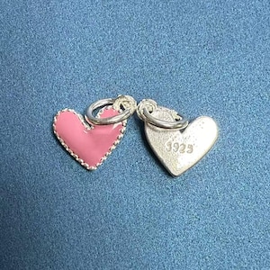 Sterling Silver Pink Enamel Heart Charm Pendant, Sweetheart Bracelet, Valentine&#39;s Day Necklace, Love Earring, Romantic Jewelry, Heart Charm