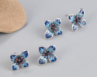 Sterling Silver Enamel Flower Earring Posts , 925 Silver Cloisonne Four Petal Flower Ear Stud, Flower Post Earrings, Floral Ear Wire