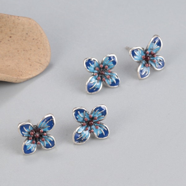 Sterling Silver Enamel Flower Earring Posts , 925 Silver Cloisonne Four Petal Flower Ear Stud, Flower Post Earrings, Floral Ear Wire