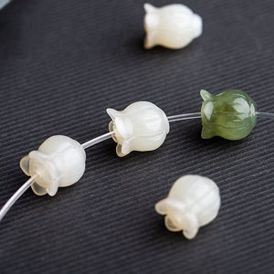 2 pcs Natural Green / White jade carving beads, flower jade beads hand made jade beads Lily of the Valley 108.5mm beading supplies image 4