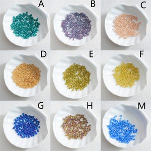 May include: Nine small white dishes each hold a different color of seed beads. Colors include teal, purple, peach, gold, olive green, yellow, dark blue, brown, and light blue. The beads are small and round.