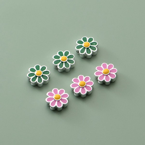 Sterling Silver Enamel Flower Beads, Daisy Bead, Blossom Bead, Bloom Bead, Wreath Bead, Bracelet Spacer,Floral Bead,Garden Bead,Bouquet Bead