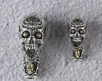 Sterling Silver Skull Head Guru Beads, Silver Three Holes Guru Beads, 925 Silver Skull Spacer Bead, Punk Skull Bead, Bracelet Beads