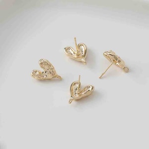 14K Gold Plated Ear Studs , Hammered Heart Earring Post With Loop, Concave Convex Surface Earring Settings, Rhodium Plated, 13.6 * 16.9mm